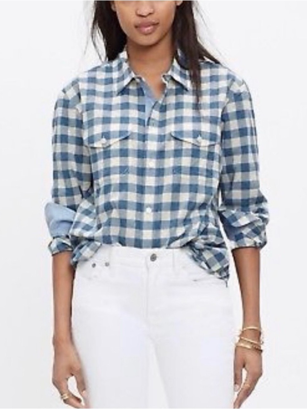 Madewell Cargo Workshirt Blue Gingham Plaid Cotton Linen Button Down Shirt Small